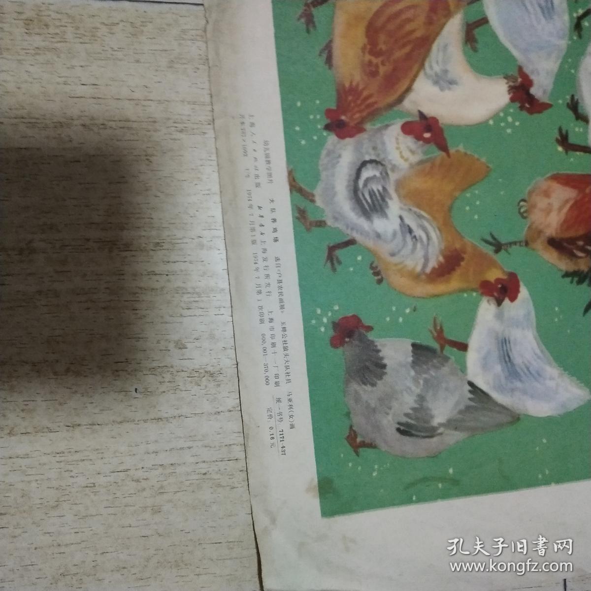 1974年7月一版一印大2开幼儿园教学图片：大队养鸡场（53X75）CM【漂亮稀见】