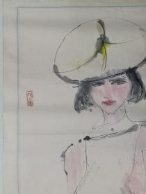 保真书画，俞洋人物画一幅，原装裱镜心，尺寸67×42cm