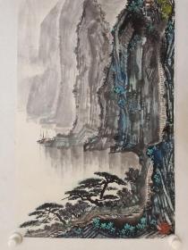 保真书画，北京老一辈画家，程华《泊船图》山水画一幅，纸本托片，尺寸99.5×50cm