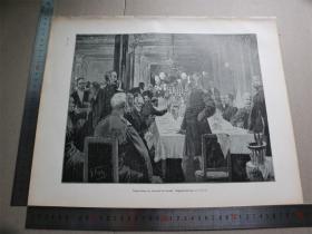 7【百元包邮】1895年木刻版画《将军们的新年晚宴》（neujahrsdinner der generale bei dressel）尺寸约41*28厘米（货号603129）
