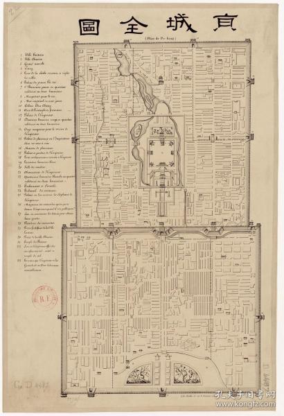 古地图1799 京城全图 清 嘉庆时期（英版）。纸本大小44.4*64.95厘米。宣纸原色仿真。微喷