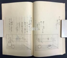 《成本花月集》1套元亨利贞4册4卷全，日本老旧茶道写抄本，平安左右庵荡斋生校订，明治43年，1910年自心庵永东写抄，内容涉及茶道中的待客，水屋，点前，棚物，台子，风炉，茶袋，茶壶，香合，木炭等事，并含极大量茶道相关手绘图，如含有水屋位置之图，抱清棚图，木炭图等，写抄精美，版面优美，并含批注浮签等，整体品美，极罕见优美茶道古抄本。