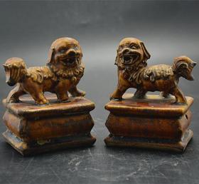 明黄釉雕刻狮子一对古董古玩旧货仿古瓷器收藏品老货古典居家装饰