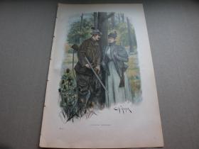 7【百元包邮】1895年彩色木刻版画《狩猎时的小闲暇》（auf dem anstand）尺寸约41*28厘米（货号603142）