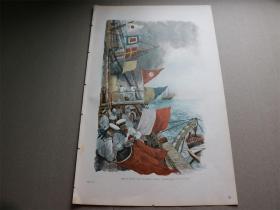 7【百元包邮】1895年套色木刻版画《按新年传统升起信号旗》（Signal am Grosstop:"Ein recht glückliches Neujahr!"）尺寸约41*28厘米（货号603146）