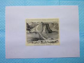 十九世纪末期-摄影木刻画《印度河.在楚萨尔加的船桥Indus:Schiffbrücke bei Chusalgar.》画页13.5* 11厘米，后背纸21*29.7厘米，出自1895年德文古籍