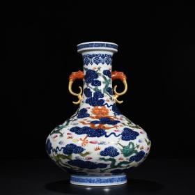 清乾隆青花粉彩云龙纹双耳盘口瓶