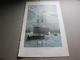 7【百元包邮】1895年套色木刻版画月色下的英国战舰》（Das älteste Schiff der Englischen Flotte）   尺寸约41*28厘米（货号603156）