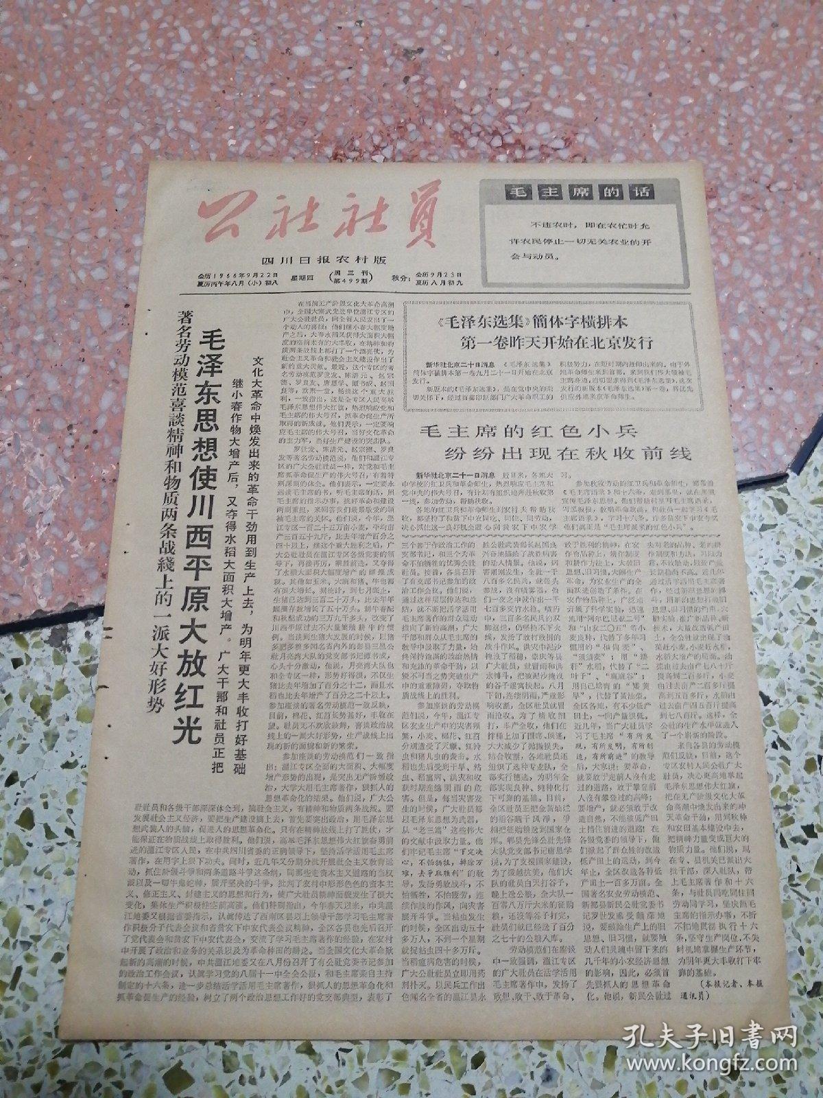 生日报公社社员报四川日报农村版1966年9月22日（8开四版）毛泽东思想使川西平原大放红光；毛主席的红色小兵纷纷出现在秋收前线；学习新民主主义论