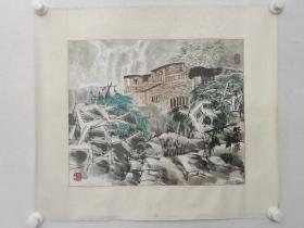 保真书画，程振铎2005年山水画《江南小景》小品一幅，尺寸39×47cm，纸本镜心。程振铎，男，出生于北京，祖籍山东临朐，从事美术教育多年。自幼学习书法绘画,后随兄程振国拜梁树年先生为师,同时受康殷,白雪石先生指导。中国美协会员、中央国家机关美术家协会理事、北京美协会员、首都炎黄将军书画院艺委会主任、中国合和画院副院长。