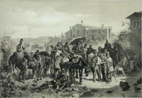 约1850年大幅半色调石版画《运送被俘的皮埃蒙特人》—巴伐利亚国王路德维希一世专辑系列 57.8*42.4厘米 版画师Franz Adam 金色镶边 带阴文印章