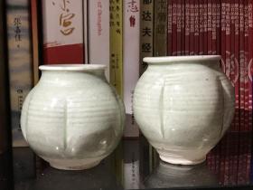 北宋湖田窑青绿瓜棱小罐一对，长宽高8cm，胎质细腻，典型草木灰胎。