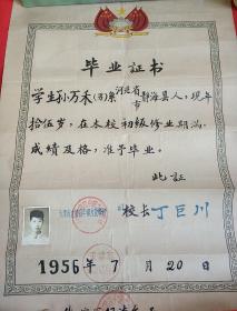 1956年天津市立第四中级文化学校毕业证书