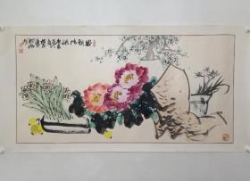 保真书画，北京名家，海淀美协副主席李桃修国画佳作《岁朝清供》一幅，原装裱镜心，尺寸68.5×137cm。