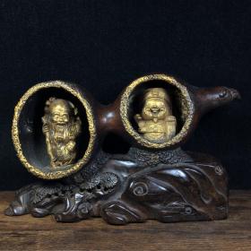 清中期纯手工雕刻红木底座葫芦黄杨木寿星财神摆件