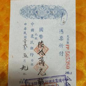 民国36年中国农民银行支票,包头 永源号