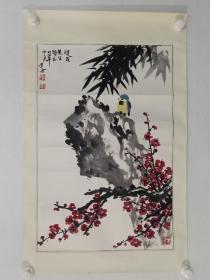 保真书画，湖北美术学院教授，著名画家乐建文花鸟画一幅，原装裱镜心，尺寸69×46cm