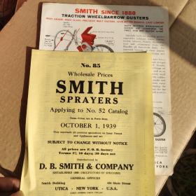 (民国期间国外工厂英文老样本)   D.B. SMITH & COMPANY 1939  喷涂设备(SPRAYERS) 公司样本,单页样本和和1939年经销价格表