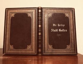 1878年，上帝之城（Stadt Gottes)》著名天主教杂志，发行首年全年合集（含创刊号），极为稀缺。德语版，全书用哥特体印制文本，27x37cm 大开本，超过200幅精彩木刻版画，烫金字体雕花边框装饰外封，竹节书脊，三口刷金，品相极佳，见图及“详细描述”