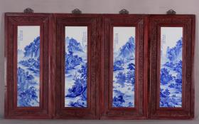 清中期红木雕花框挂屏《青花山水》