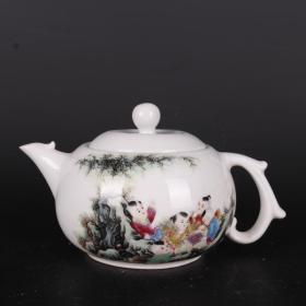 民国粉彩童子婴戏纹茶壶中式茶具摆件仿古瓷器古董古玩收藏