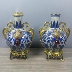 清中期老铜包瓷镶玉花瓶摆件