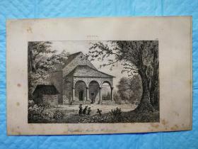 1838年钢版画，欧洲风光《瑞士自治市.森帕奇附近教堂Die Kapelle bei Sempach》尺寸20.5* 12.8厘米
