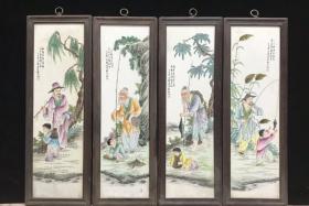 清中期花梨镶嵌瓷板画 手绘太公钓鱼挂屏