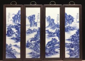 清中期红木镶嵌瓷板画 精工手绘山水四条屏