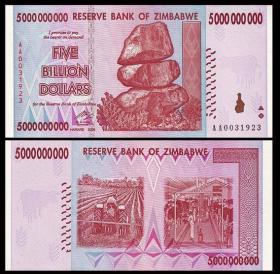 全新 UNC 津巴布韦50亿元纸币 外国钱币 2008年版【非洲】