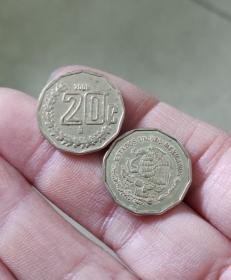旧币 墨西哥20分花边纪念币 硬币 直径约19.5mm 年份随机美洲收藏