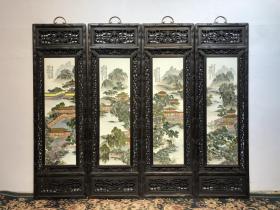 清中期红木镶瓷板画手绘粉彩山水楼台亭阁四条挂屏