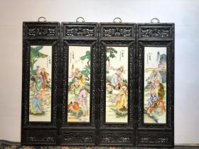 清中期红木镶瓷板画手绘粉彩十八罗汉四条挂屏