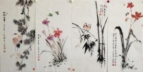 中美协会员韦老师纯手绘花鸟四条屏保真保手绘