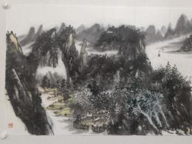 保真书画，当代山水名家，解放军国防大学书画研究院副院长，画家谭开《山晚帆归迟》四尺整纸山水画一幅。