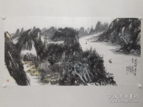 保真书画，当代山水名家，解放军国防大学书画研究院副院长，画家谭开《山晚帆归迟》四尺整纸山水画一幅。