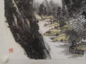 保真书画，当代山水名家，解放军国防大学书画研究院副院长，画家谭开《山晚帆归迟》四尺整纸山水画一幅。