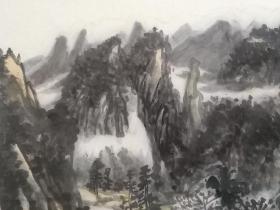 保真书画，当代山水名家，解放军国防大学书画研究院副院长，画家谭开《山晚帆归迟》四尺整纸山水画一幅。