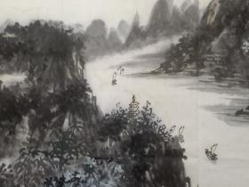 保真书画，当代山水名家，解放军国防大学书画研究院副院长，画家谭开《山晚帆归迟》四尺整纸山水画一幅。