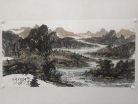 保真书画，当代山水名家，解放军国防大学书画研究院副院长，画家谭开《湖山胜境》四尺整纸山水画一幅。