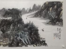 保真书画，当代山水名家，解放军国防大学书画研究院副院长，画家谭开《山晚帆归迟》四尺整纸山水画一幅。