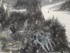 保真书画，当代山水名家，解放军国防大学书画研究院副院长，画家谭开《山晚帆归迟》四尺整纸山水画一幅。