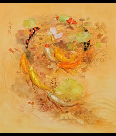 吴文健 鱼 作品 可合影，九鱼图，110CM*120CM