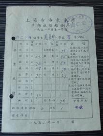 1951年-上海市市东中学-学期成绩报告单-初二