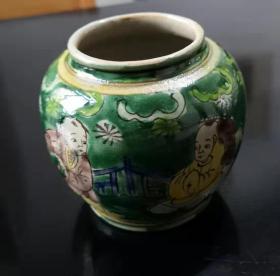 仿古绘画作品☆宠萌儿童☆绿彩小罐子一枚