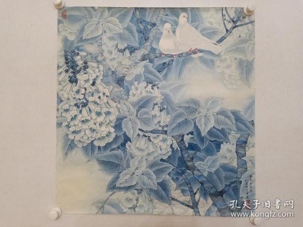 保真书画，重庆画家谢仁志精美工笔花鸟画一幅，中国书画函授大学展览作品，纸本托片，尺寸69×65.5cm