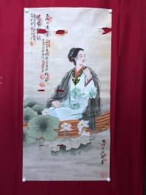 书画原作10275，著名画家【周仁辉、胥鸿仪、王淑静】工笔人物画，仕女图，夏日清馨