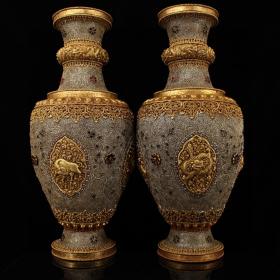 尼泊尔收回流老宫廷御用纯手工顶级工匠打造掐银丝镶嵌天然宝石鎏金花瓶一对