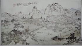 【家装神品，金华人莫要错过】清光绪十七年（1891）吕焕章绘浅绛山水《金华府城图》绢本印刷品1大幅（此系印刷品，非原作，未装裱，为方便快递，买家买去后可自行装裱成镜框）。吕焕章，字云泉，清代画家，生卒年不详，安徽省宣城市旌德县凫山人，后客居浙江金华多年，尤工山水，偶作花卉，兼善指画，俱臻精妙。画中尖峰山、通济桥、万佛塔、宏济桥、金华府城墙及城门清晰可见，挂在金华人的书房或家中都是非常有品位的。