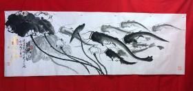 书画原作10319，著名画家【周仁辉、何俊德】花鸟画，鲢鱼图，约20平尺